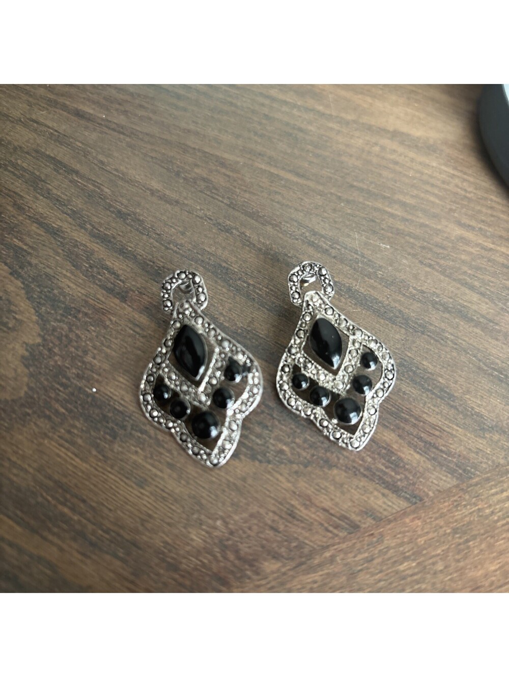 Sterling Silver 925 Ornate Black Onyx Marcasite Geometric Drop Earrings